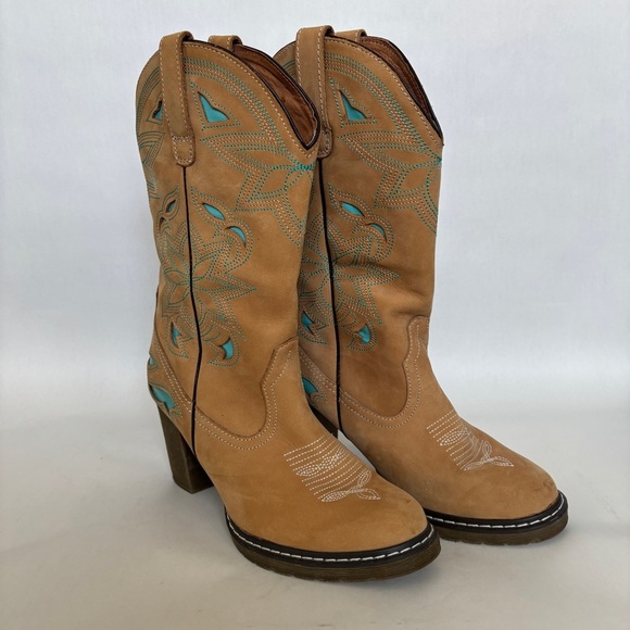 Roper womens tan High Heel Stitched Leather pull on Western Cowgirl Boots size 6 - Picture 1 of 11